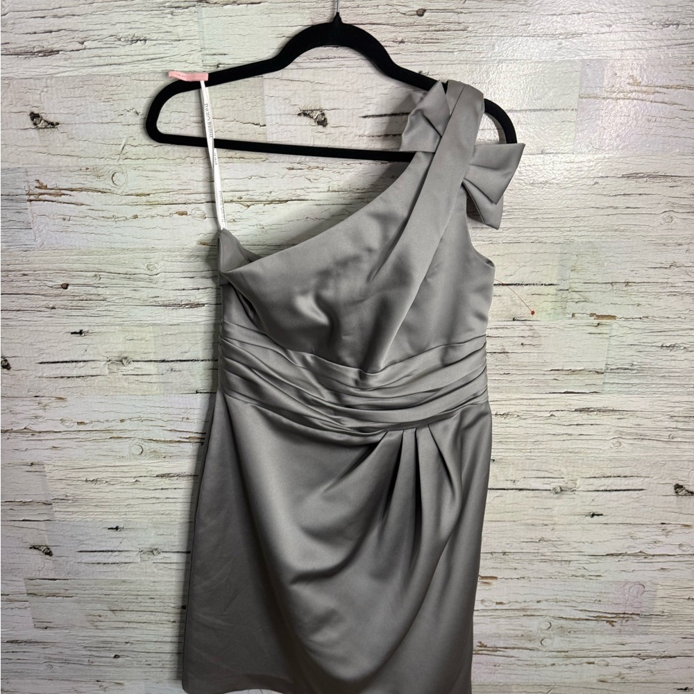 David's Bridal One-Shoulder Gray Dress with Bow ruching style 84333 size 10